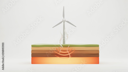 Modern wind turbine illustration above layered earth strata with transparent background for environmental projects