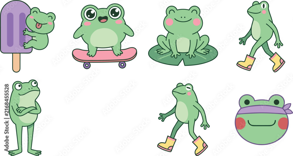 Obraz premium Cute green frog character vector sticker set with skateboarding eating popsicle and wearing boots illustration