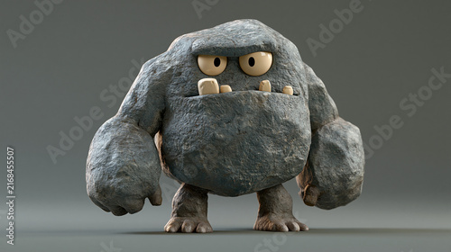 A 3D render of a stylized, cartoon rock monster or stone golem character with funny teeth and a grumpy expression, isolated on a neutral grey studio background.