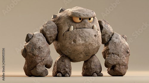 A 3D render of a stylized, cartoon rock monster or stone golem character with a grumpy expression and fangs, standing isolated on a neutral background.