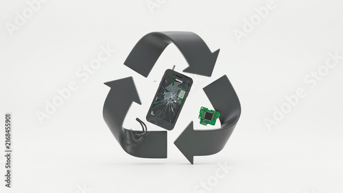 Recycling symbol featuring broken smartphone and electronic components for eco friendly technology reuse concept