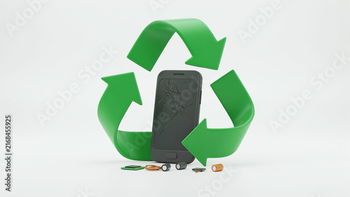 Recycling broken smartphone device surrounded by electronic components within green recycling arrows symbolizing eco friendly reuse