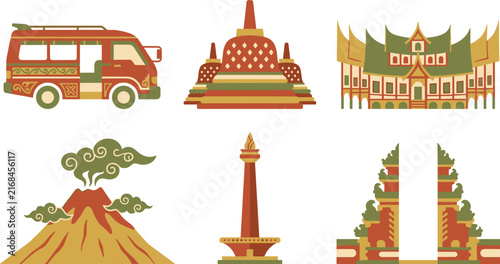 Fotografie Indonesia culture landmark vector set with borobudur temple monas monument volca