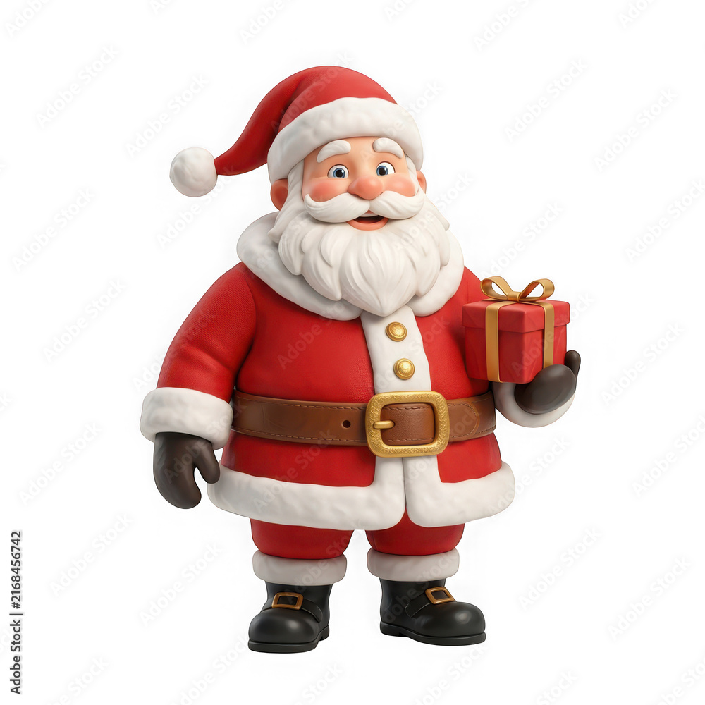Fototapeta premium 3d render of a cheerful santa claus holding a gift box isolated on transparent background