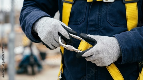 Worker's gloved hands securing a metal carabiner onto a yellow safety harness.