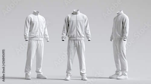Blank white tracksuit mockup featuring a full zip jacket and matching sweatpants shown from multiple angles on a neutral studio background for apparel design.