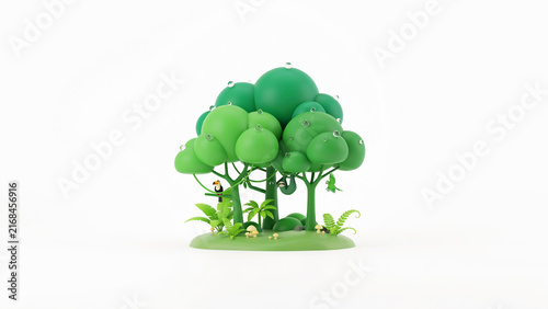 Whimsical cartoon green tree with round leaves and water droplets on transparent background for nature illustration