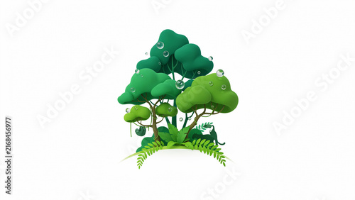 Whimsical Green Tree Illustration with Water Droplets and Ferns Surrounding Base on Transparent Background