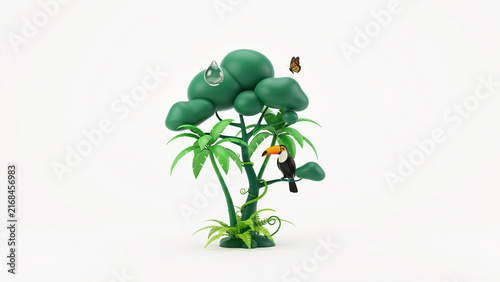 Whimsical cartoon tree with floating cloud leaves and colorful wildlife including butterfly and toucan