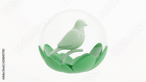 White bird perched on green leaf design inside transparent circular frame with natural elements