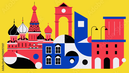 Vibrant Geometric Cityscape Illustration with Iconic Landmarks and Modern Buildings