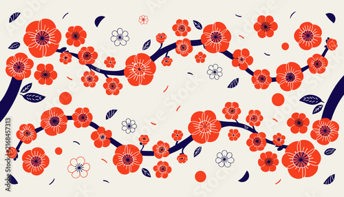 Vibrant orange cherry blossoms branch symmetrically on a cream background with hand-drawn elements, spring motif.