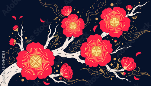 Vibrant Red Cherry Blossoms on a Dark Background, Elegant Spring Floral Design