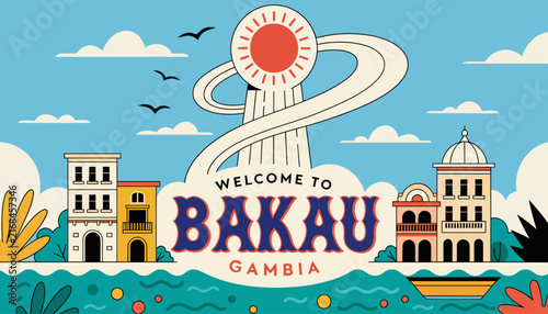 Welcome to Bakau, Gambia - African Coastal City Landmark Illustration with Sun and Sea