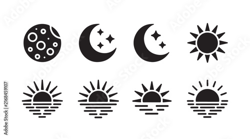 Фотография Black silhouette weather icons featuring moon phases sun and sunset horizon for minimalist meteorological app interfaces