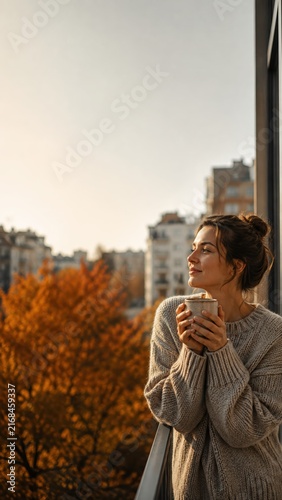 Woman enjoying a warm cup of coffee by a window on an autumn morning