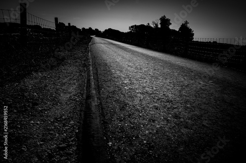 Black and white image of a road in a rural area, with strong contrast, dike landscape on the Hunte in summer in 27798 Hude, Germany