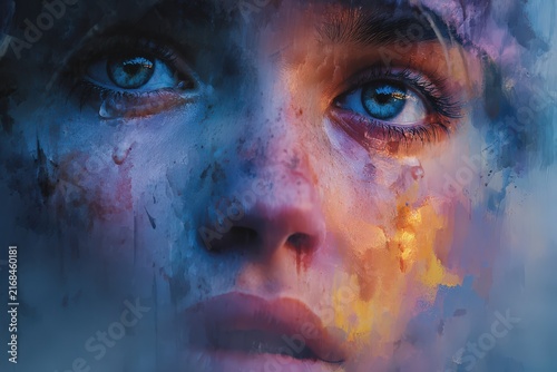 Painterly Portrait with Blue Eyes and Emotional Tears