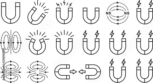 Foto Magnet icon set vector black outline magnetic field force collection line art is