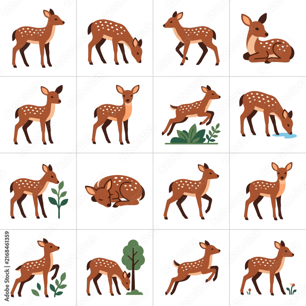 Obraz premium Collection of Fawn Illustrations in Various Poses and Activities.