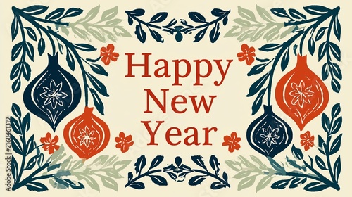 Happy New Year text with decorative ornaments and floral leaf border representing festive holiday greeting card concept
