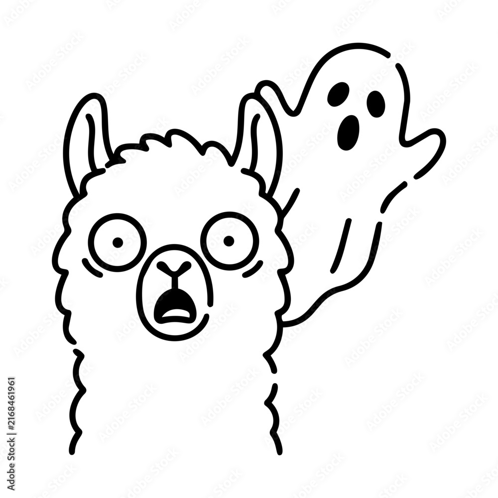 Fototapeta premium Surprised Alpaca Encountering a Ghost in a Whimsical Cartoon Style Illustration