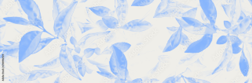 Fototapeta premium Cyanotype halftone overlay texture blue leaves shadows. Abstract botanical background with tree branches, twig with leaf silhouettes in stipple dotted pattern for poster, banner, mixed media design 