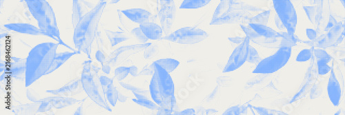 Cyanotype halftone overlay texture blue leaves shadows. Abstract botanical background with tree branches, twig with leaf silhouettes in stipple dotted pattern for poster, banner, mixed media design 
