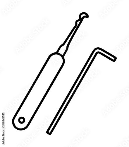Konstfotografi Professional black and white line art vector icon illustration of a lock picking tool set including a hook pick and tension bar, ideal for locksmith services, security, and privacy themes