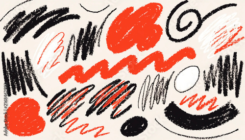 Abstract hand drawing bright orange red and crayon oil pastel textured squiggle blobs and shapes set. Abstract creative pencil hand drawn forms for banner design, texture frame background, sticker.
