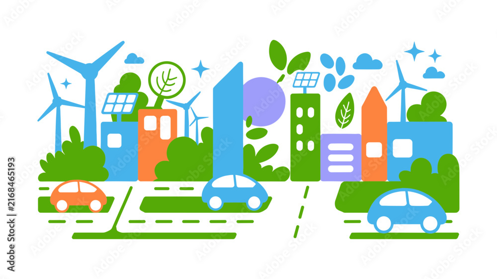 Fototapeta premium Sustainable green city vector illustration. Eco friendly urban landscape with wind turbines and solar panels. Smart city renewable energy concept.