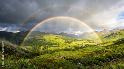 Breathtaking Double Rainbow Over Lush Green Valley in Dramatic Landscape