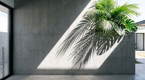 Minimalist Interior with Concrete Wall and Green Leaf Shadows