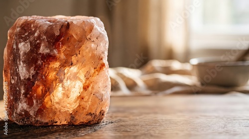 Warm Glow of Himalayan Salt Lamp on Rustic Wooden Table Surface