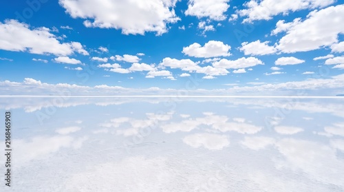 Vast Salt Flat Reflecting Sky with Clouds Under Bright Daylight