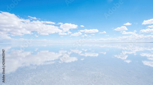Tranquil Reflection of Clouds on Serene Salt Flat Under Bright Blue Sky