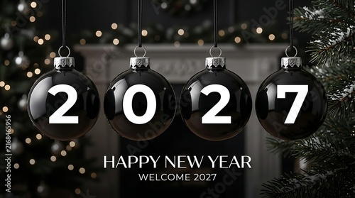 Four black christmas baubles hanging with the numbers 2027 for a happy new year celebration