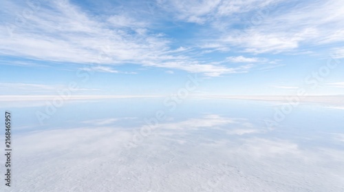 Tranquil Reflections on a Vast Salt Flat Under a Clear Blue Sky