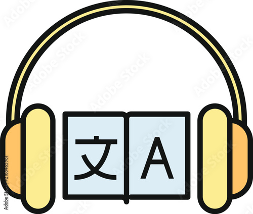 Foto Headphones with characters representing language translation and learning