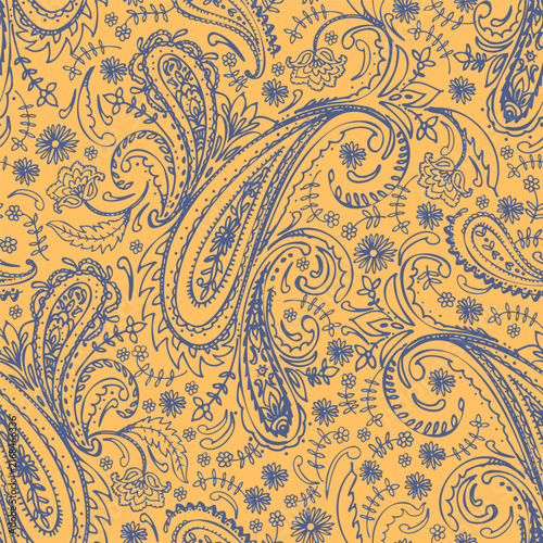 Paisley ornament seamless pattern in yellow color. Oriental decorative background. Vector illustration. For cards, poster, labels, boho, yoga fitness design.