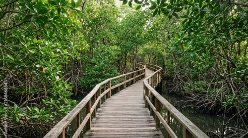 Serene Wooden Path Through Lush Mangrove Forest in Bright Daylight