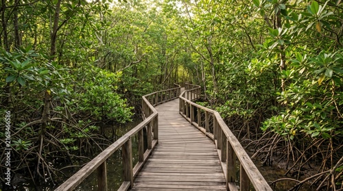 Serene Wooden Path Through Lush Green Mangrove Forest in Bright Daylight