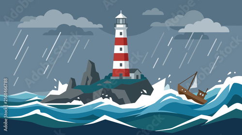 Картината върху платно Lighthouse guiding ship through stormy seas flat design