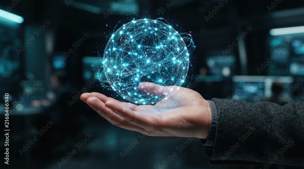 Fototapeta premium Abstract globe network hologram glowing in blue over human hand for global connect.