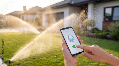 Smart sprinkler system watering a residential lawn while controlled by smartphone. Automated irrigation, water conservation, and smart home technology.