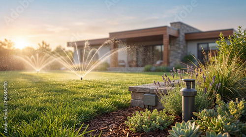 Pop-up sprinkler irrigating a green lawn at sunset, illustrating automated watering, landscape maintenance, water management, and sustainability.