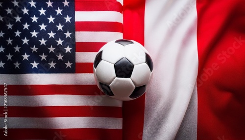soccer ball between usa flag and peru flag