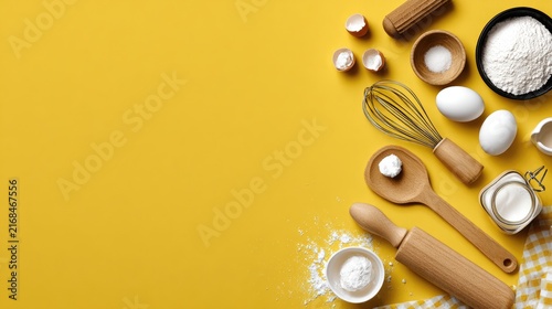 Baking ingredients overhead view on yellow background with copy space