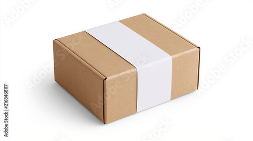 A square brown kraft cardboard box mockup wrapped with a blank white paper band wrapper, isolated on a clean white background for packaging design.