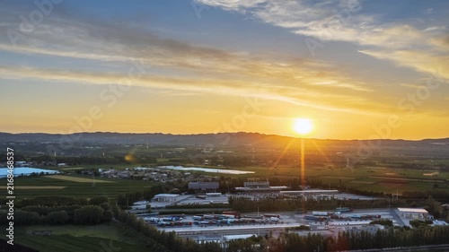 Aerial Time-lapse Video of Chunhua Expressway Service Area after Sunrise along Beijing–Tibet Highway, China.